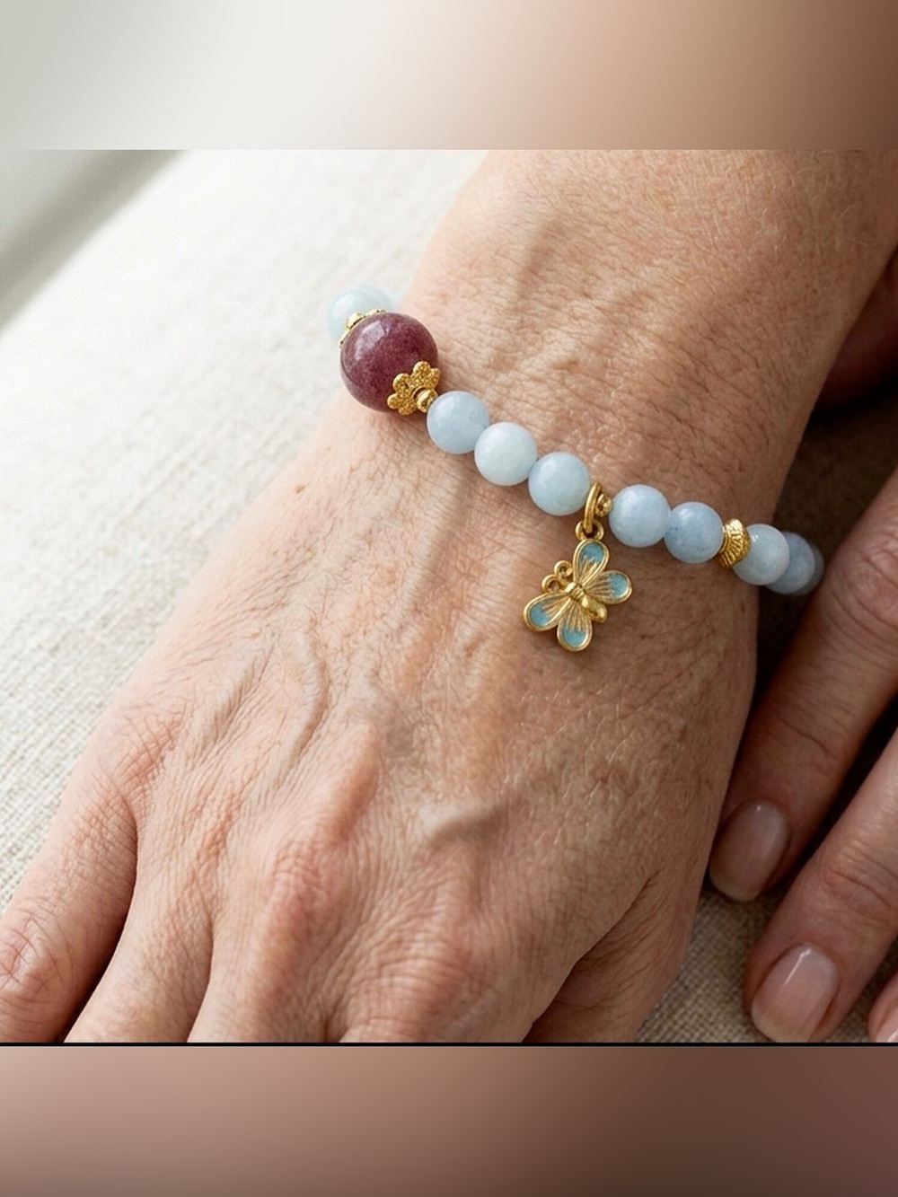 Aquamarine and strawberry quartz stretch bracelet 40ctw